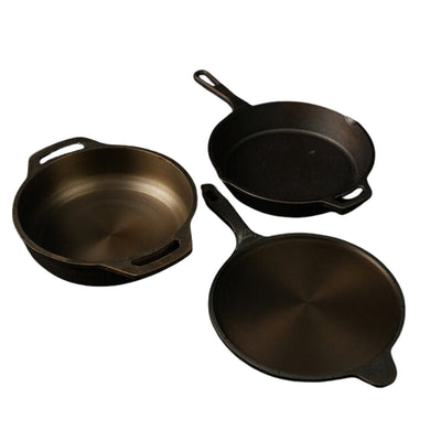 Handmade Cast Iron Combo (Kadai + Roti/ Dosa Tawa + Skillet) – Cookware on Brown Living™. SKU: CastIron - Combo - 5 - 7750g - packof3. Img 1.
