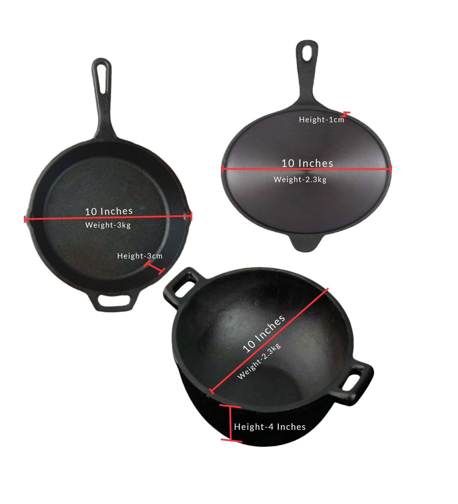 Handmade Cast Iron Combo (Kadai + Roti/ Dosa Tawa + Skillet) – Cookware on Brown Living™. SKU: CastIron-Combo-3-7250g-packof3. Img 5.