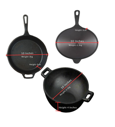 Handmade Cast Iron Combo (Kadai + Roti/ Dosa Tawa + Skillet) – Cookware on Brown Living™. SKU: CastIron-Combo-3-7250g-packof3. Img 5.