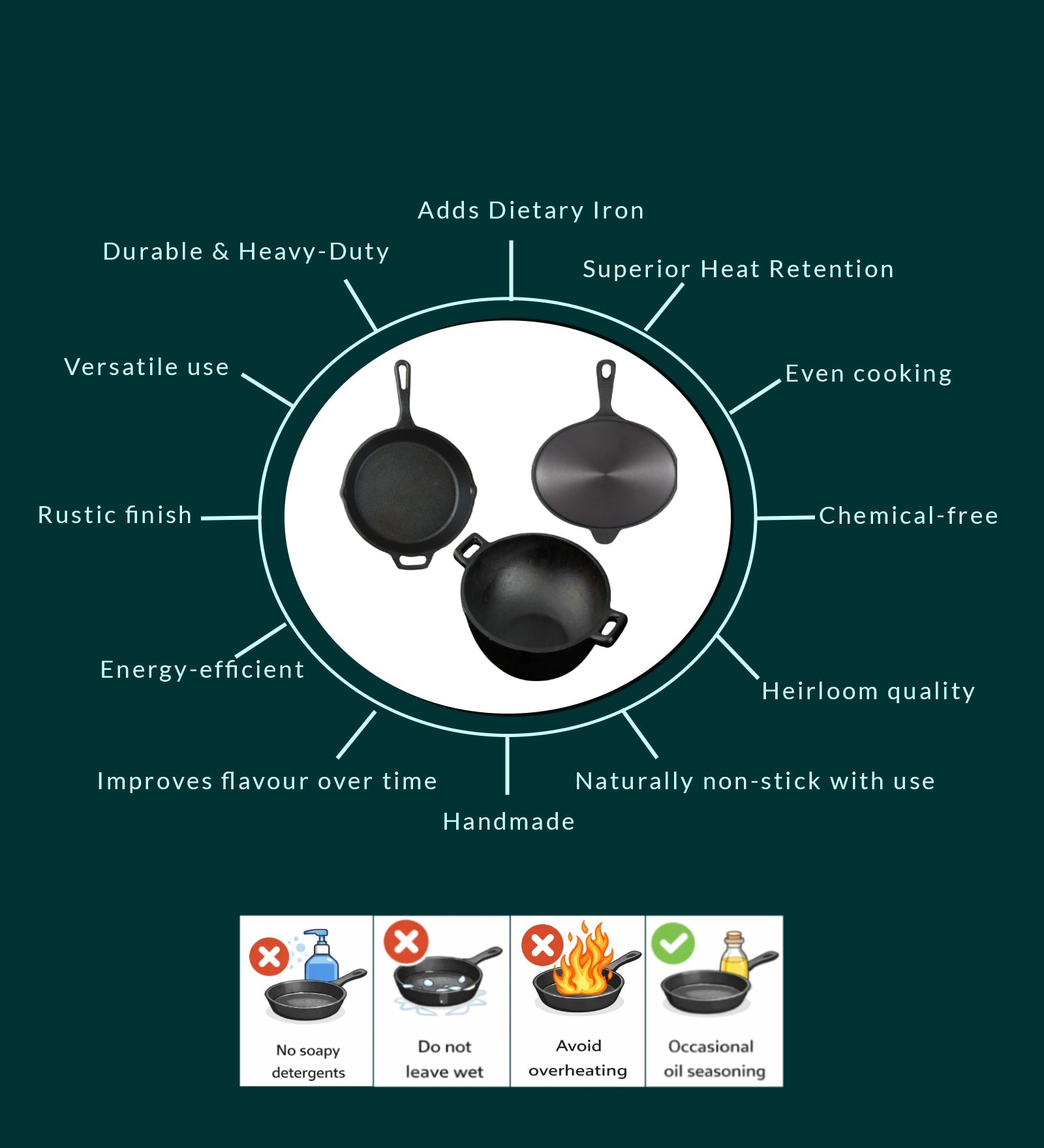 Handmade Cast Iron Combo (Kadai + Roti/ Dosa Tawa + Skillet) – Cookware on Brown Living™. SKU: CastIron-Combo-3-7250g-packof3. Img 6.