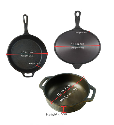 Handmade Cast Iron Combo (Kadai + Roti/ Dosa Tawa + Skillet) – Cookware on Brown Living™. SKU: CastIron-Combo-5-7750g-packof3. Img 5.