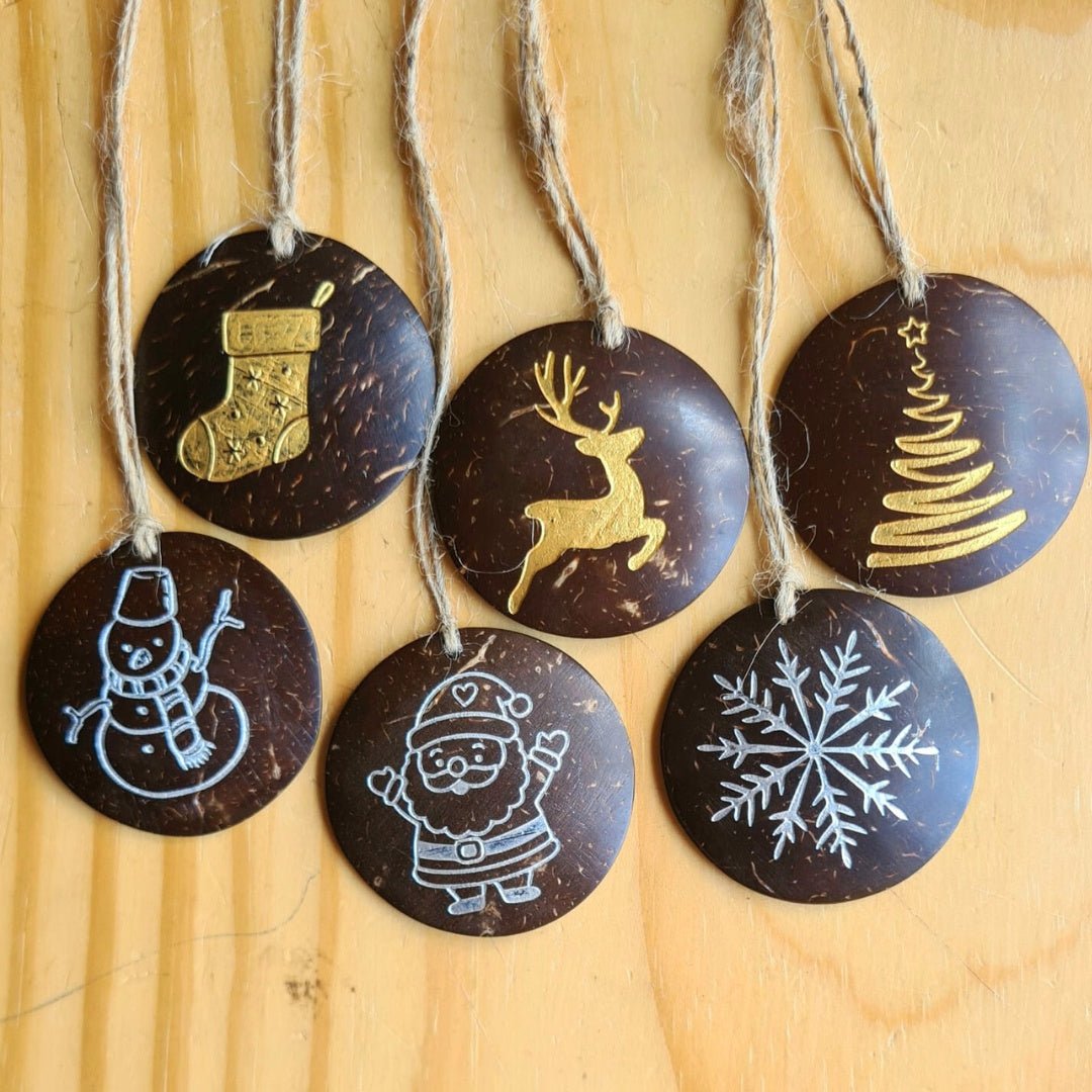 Handmade Coconut Shell Christmas Hangings (Set of 6) – Gift on Brown Living™. SKU: TGAHANGPOLSD1. Img 1.