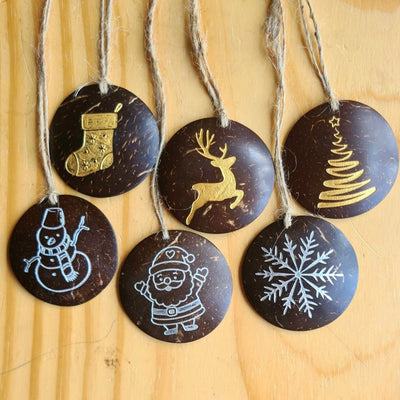 Handmade Coconut Shell Christmas Hangings (Set of 6) – Gift on Brown Living™. SKU: TGAHANGPOLSD1. Img 1.