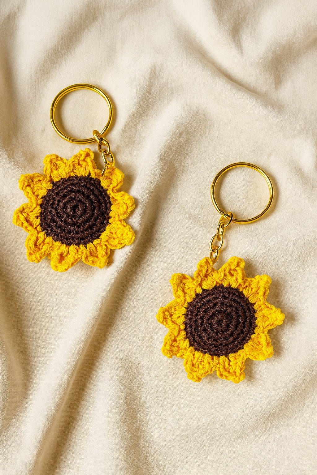 Handmade Crochet Sunflower Keychain | Cute Bag & Gift Accessory – Travel Accessories on Brown Living™. SKU: CSK-S-002. Img 1.