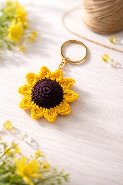 Handmade Crochet Sunflower Keychain | Cute Bag & Gift Accessory – Travel Accessories on Brown Living™. SKU: CSK-S-002. Img 2.