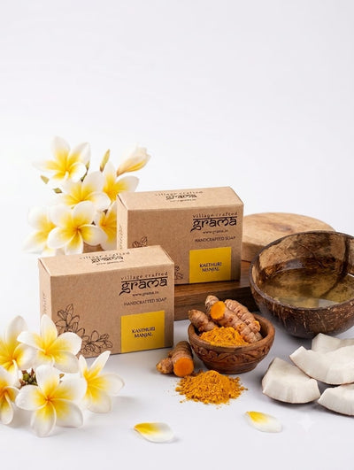Handmade Kasthuri Manjal Soap 125 g| Pack of 2 & 3 (Hot Process ) – Body Soap on Brown Living™. SKU: kasthurimanjal2. Img 8.