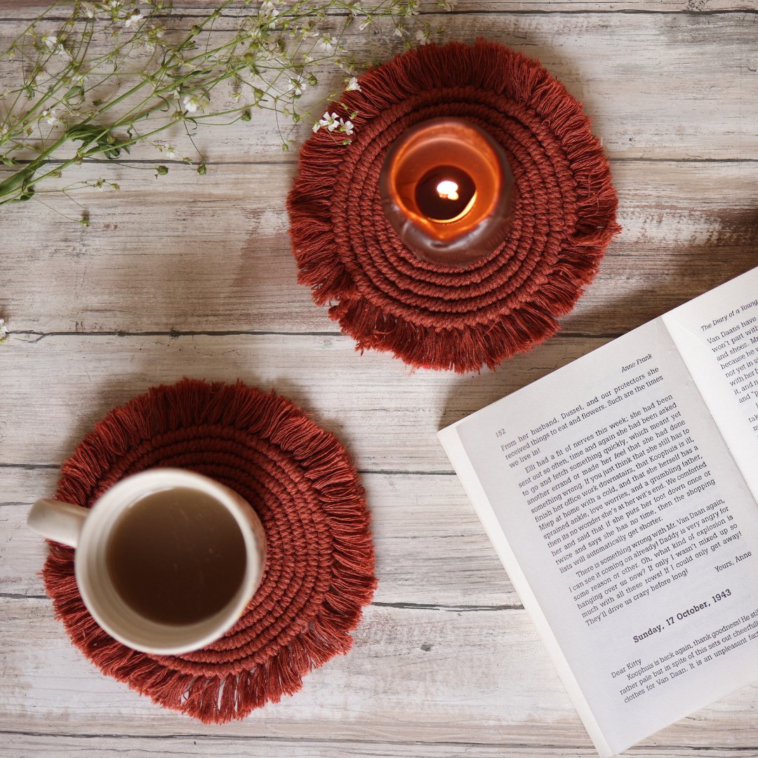 Handmade Macrame Brown Table Coasters - Set of 2 | Verified Sustainable by Brown Living™