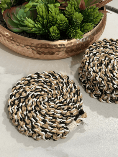 Handmade Macramé Coasters Set of 2 – Boho Table Decor & Drink Mats – Coasters on Brown Living™. SKU: CTR010. Img 2.