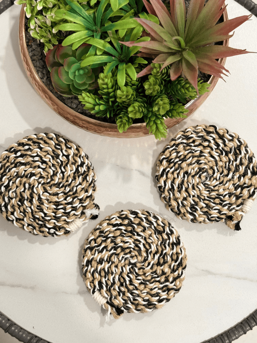 Handmade Macramé Coasters Set of 2 – Boho Table Decor & Drink Mats – Coasters on Brown Living™. SKU: CTR010. Img 3.