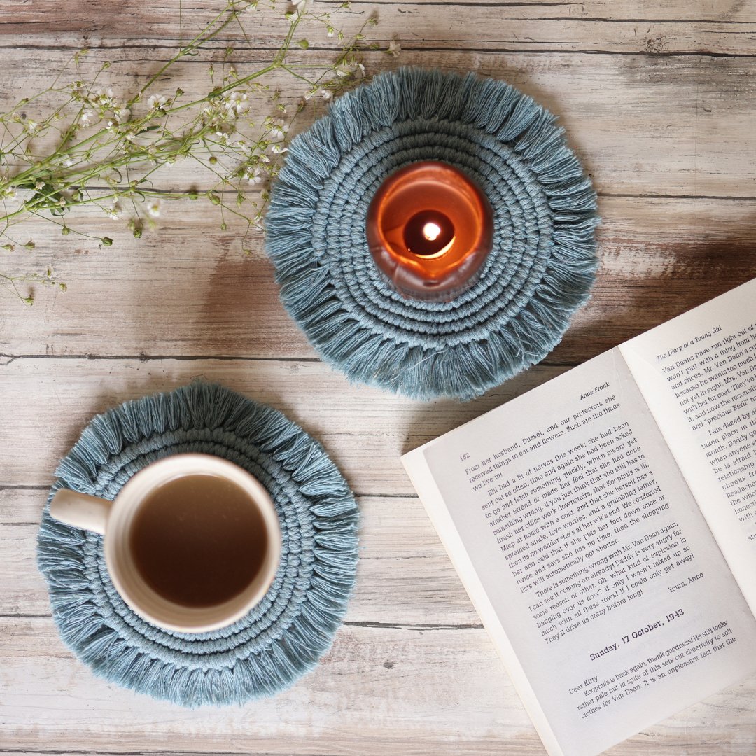 Handmade Macrame Grey Table Coasters - Set of 2 | Verified Sustainable by Brown Living™