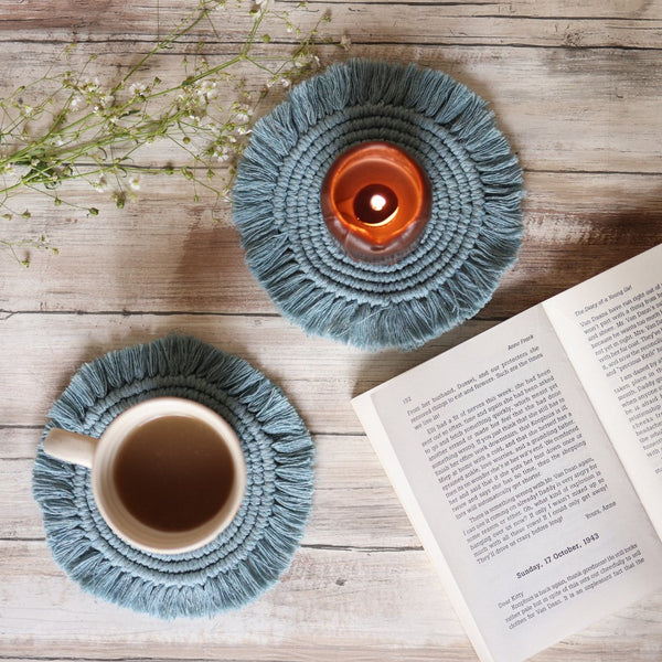 Handmade Macrame Grey Table Coasters - Set of 2 | Verified Sustainable Coasters on Brown Living™