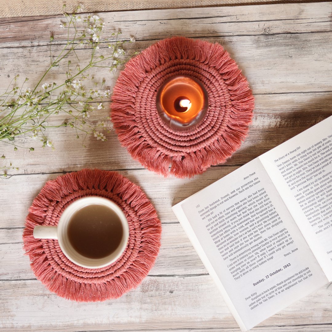 Handmade Macrame Peach Table Coasters - Set of 2 | Verified Sustainable by Brown Living™