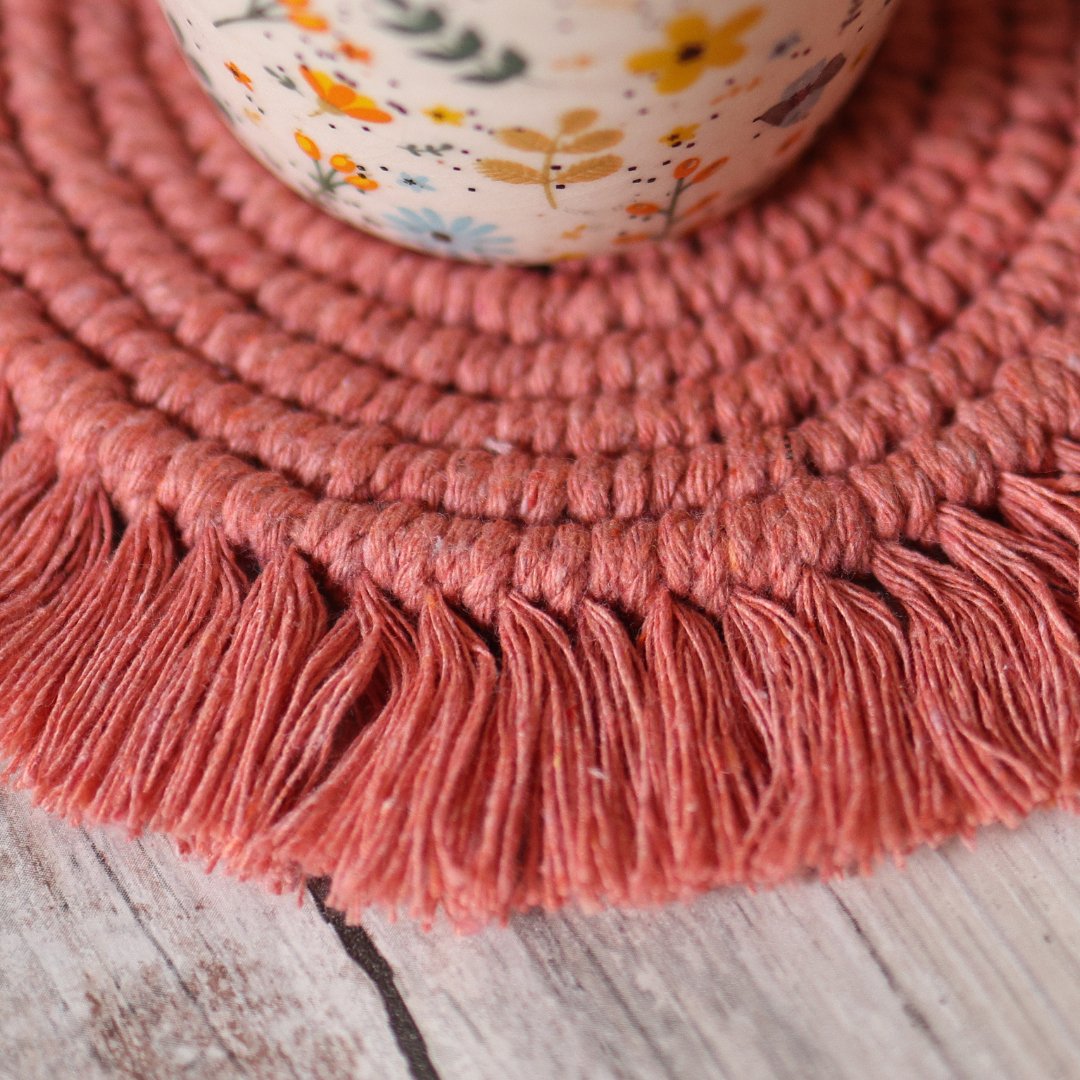 Handmade Macrame Peach Table Coasters - Set of 2 | Verified Sustainable by Brown Living™