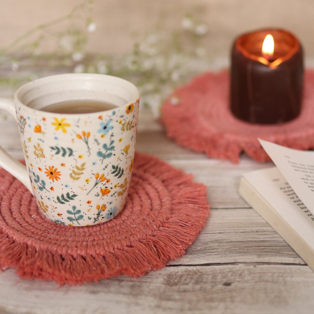 Handmade Macrame Peach Table Coasters - Set of 2 | Verified Sustainable by Brown Living™