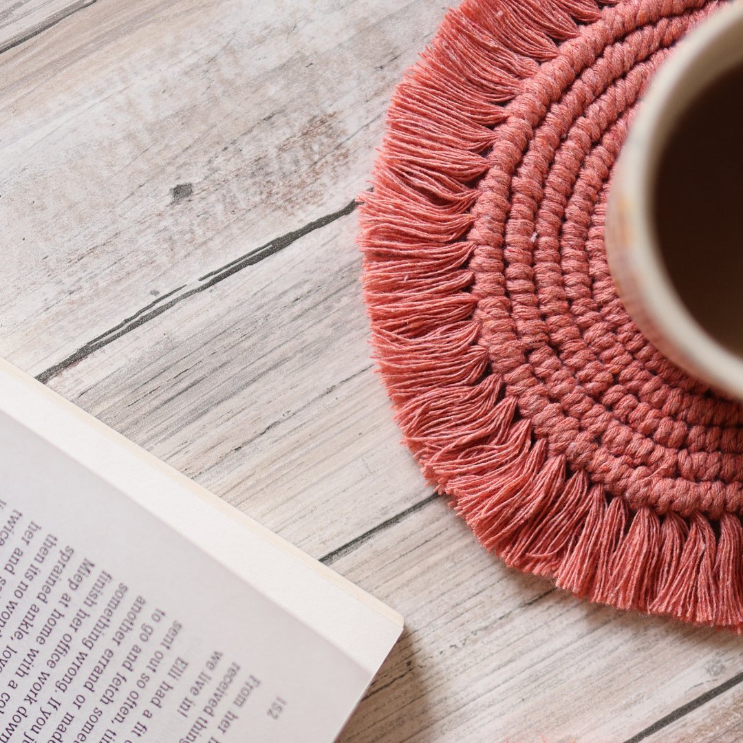 Handmade Macrame Peach Table Coasters - Set of 2 | Verified Sustainable by Brown Living™