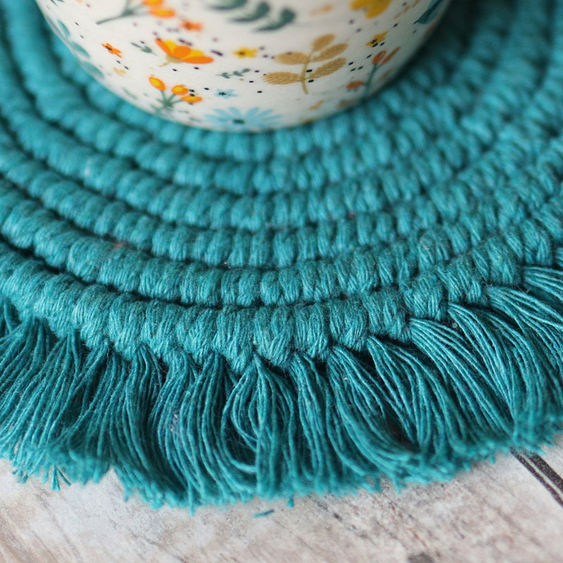 Handmade Macrame Teal Table Coasters - Set of 2 | Verified Sustainable Coasters on Brown Living™