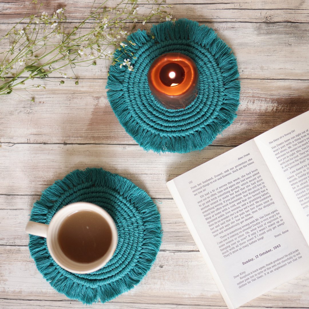 Handmade Macrame Teal Table Coasters - Set of 2 | Verified Sustainable by Brown Living™