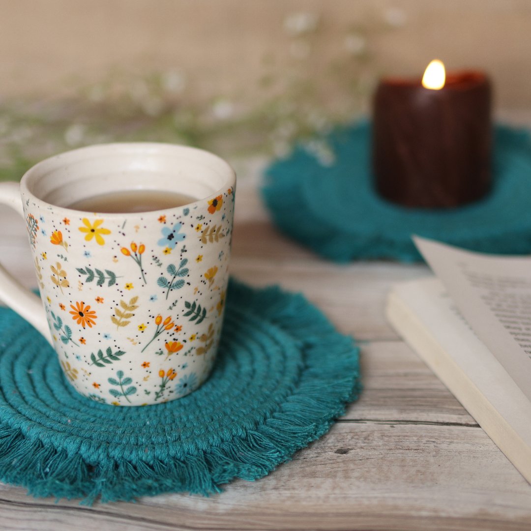 Handmade Macrame Teal Table Coasters - Set of 2 | Verified Sustainable by Brown Living™