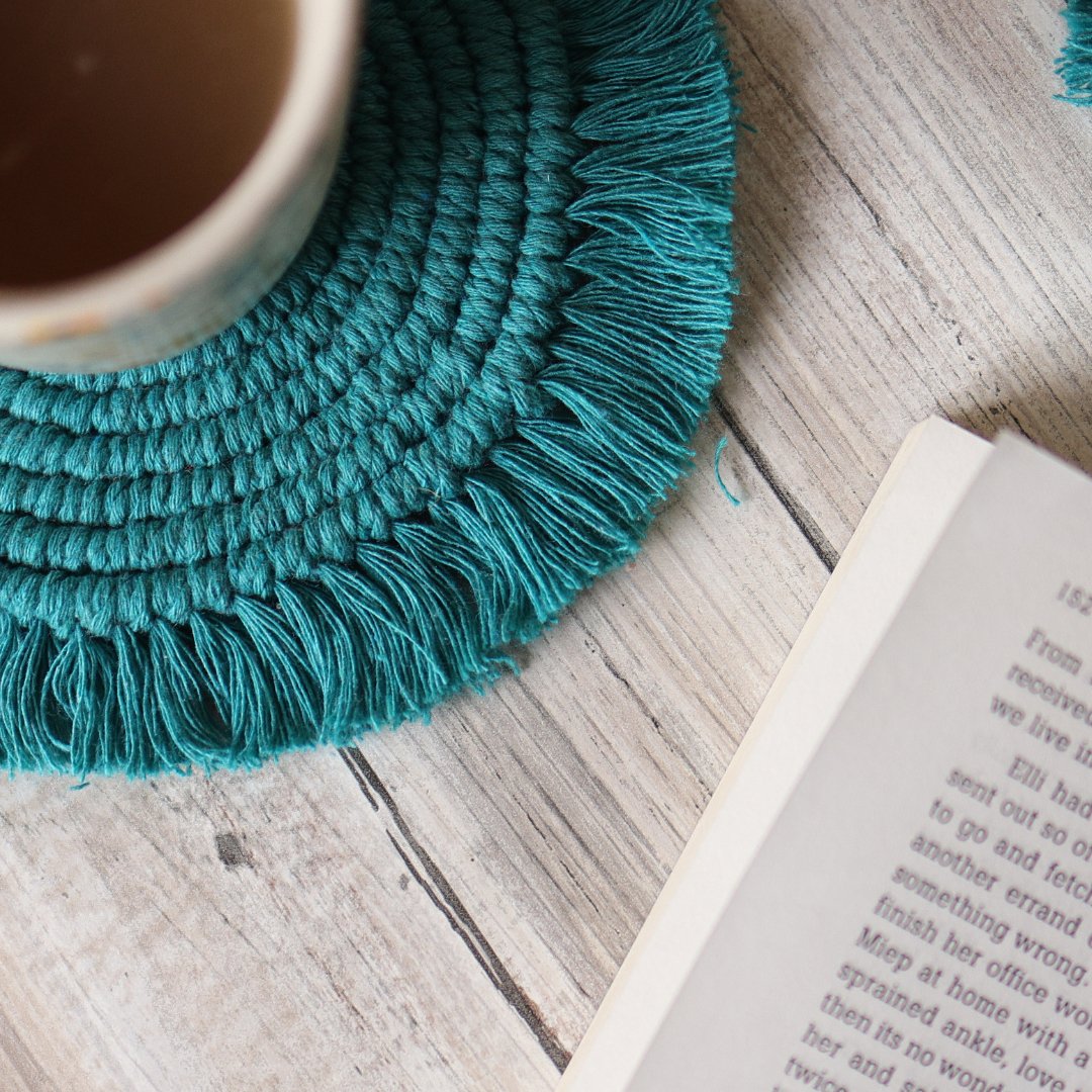 Handmade Macrame Teal Table Coasters - Set of 2 | Verified Sustainable by Brown Living™