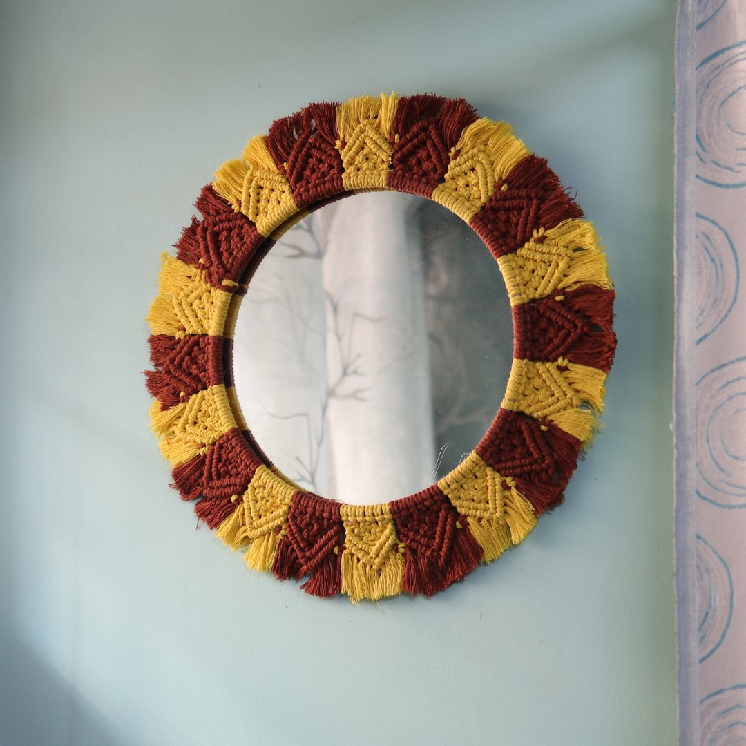 Handmade Macrame Yellow - Brown Mirror | Verified Sustainable by Brown Living™