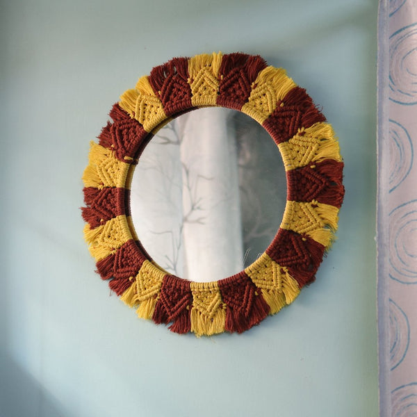 Handmade Macrame Yellow-Brown Mirror | Verified Sustainable Wall Decor on Brown Living™