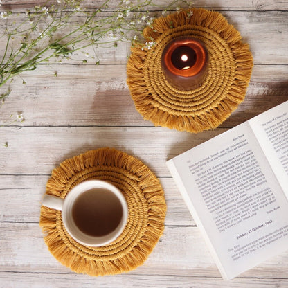 Handmade Macrame Yellow Table Coasters - Set of 2 | Verified Sustainable by Brown Living™