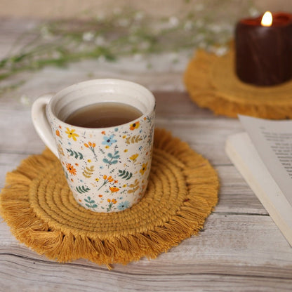 Handmade Macrame Yellow Table Coasters - Set of 2 | Verified Sustainable by Brown Living™