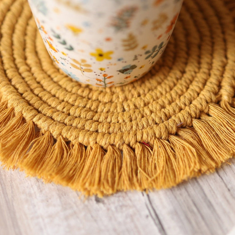 Handmade Macrame Yellow Table Coasters - Set of 2 | Verified Sustainable Coasters on Brown Living™