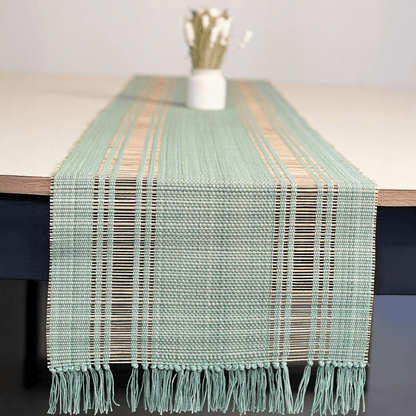 Handmade Madurkathi Table Runner | Sustainable Dining Décor – Table Linens on Brown Living™. SKU: MDTR1355SHGRN. Img 14.