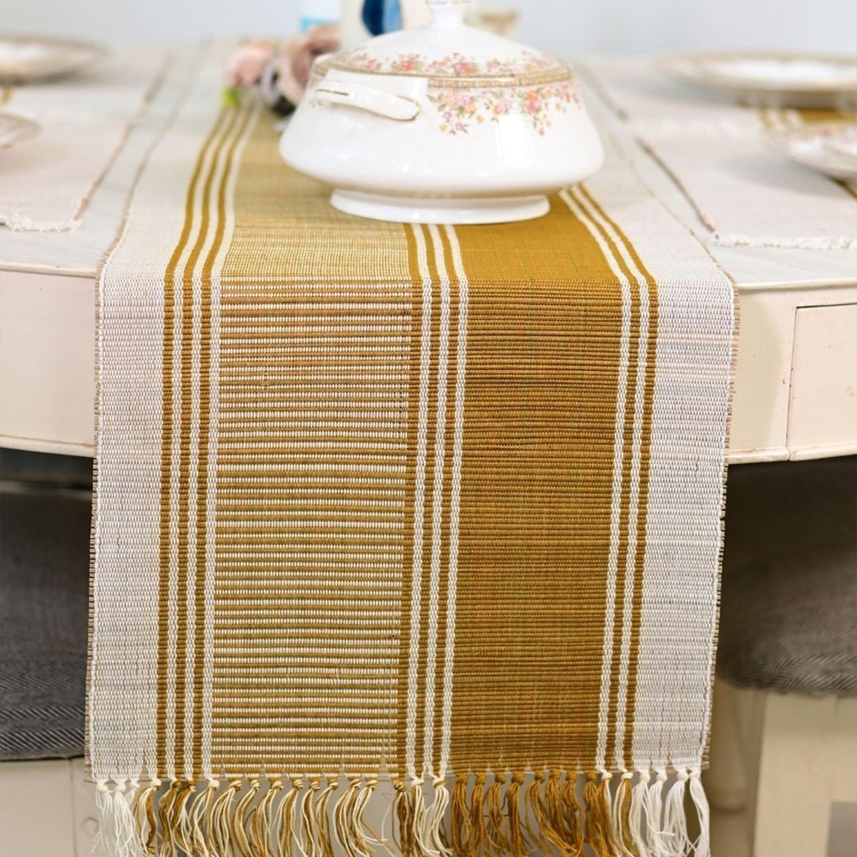 Handmade Madurkathi Table Runner | Sustainable Dining Décor – Table Linens on Brown Living™. SKU: MDTR1372AMR. Img 10.