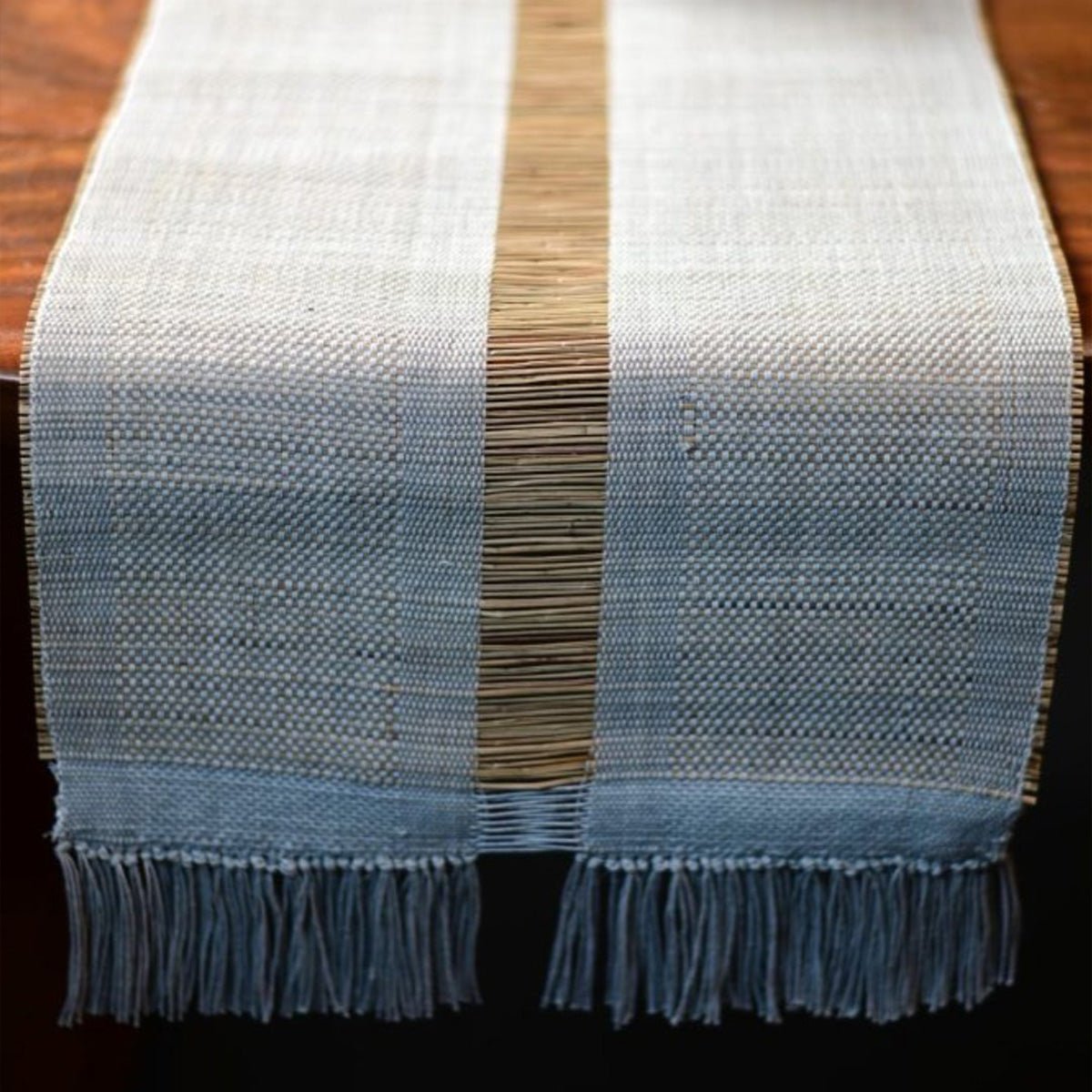 Handmade Madurkathi Table Runner | Sustainable Dining Décor – Table Linens on Brown Living™. SKU: MDTR1372ASH. Img 8.