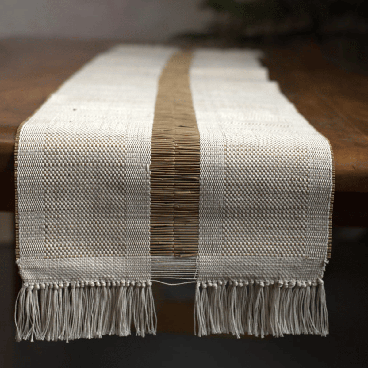 Handmade Madurkathi Table Runner | Sustainable Dining Décor – Table Linens on Brown Living™. SKU: MDTR1372WHT. Img 18.