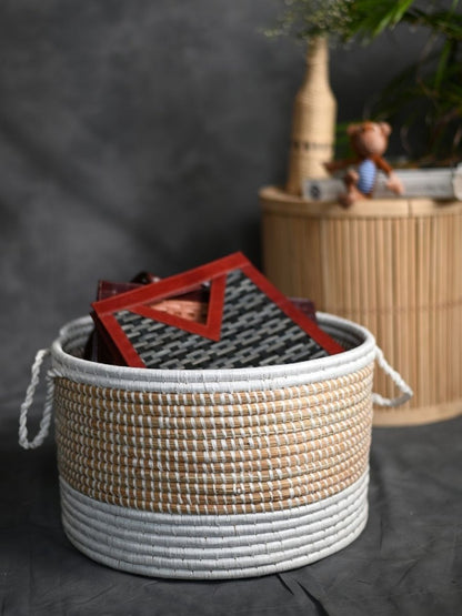 Handmade Moonj Grass Declutter Basket – Baskets & Boxes by Kadam Haat available on Brown Living™. White - Bottom Strip . SKU: BM48WIT3 - NEW. Img 1.