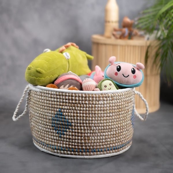 Handmade Moonj Grass Declutter Basket - Indigo-Diamond | Verified Sustainable Baskets & Boxes on Brown Living™
