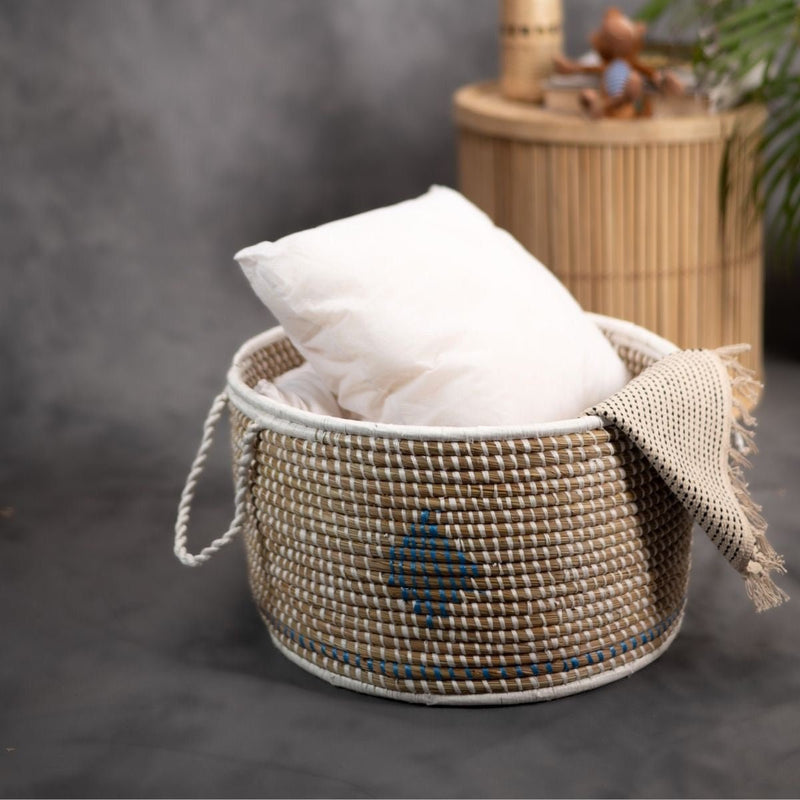 Handmade Moonj Grass Declutter Basket - Indigo-Diamond | Verified Sustainable Baskets & Boxes on Brown Living™