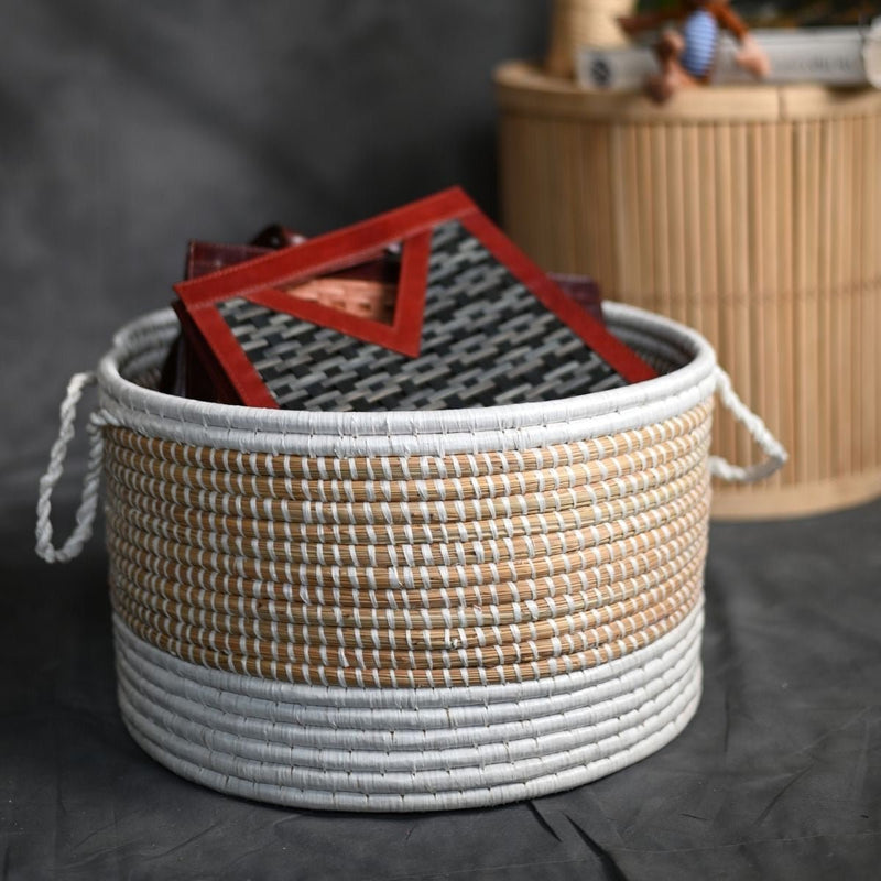 Handmade Moonj Grass Declutter Basket - White-Bottom Strip | Verified Sustainable Baskets & Boxes on Brown Living™