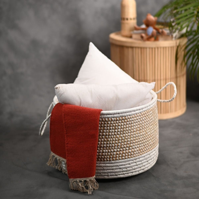 Handmade Moonj Grass Declutter Basket - White-Bottom Strip | Verified Sustainable Baskets & Boxes on Brown Living™