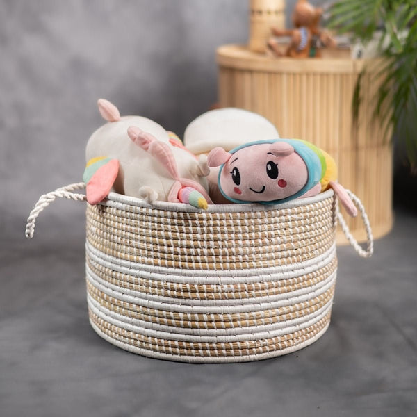 Handmade Moonj Grass Declutter Basket - White-Centre Strip | Verified Sustainable Baskets & Boxes on Brown Living™