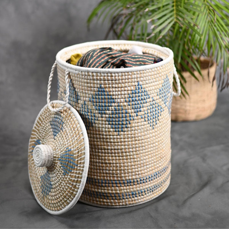 Handmade Moonj Grass Laundry Basket - Indigo-Diamond | Verified Sustainable Baskets & Boxes on Brown Living™