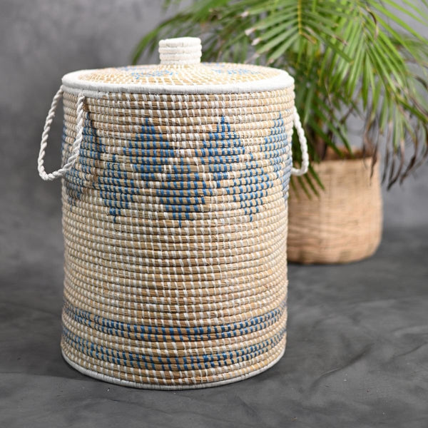Handmade Moonj Grass Laundry Basket - Indigo-Diamond | Verified Sustainable Baskets & Boxes on Brown Living™