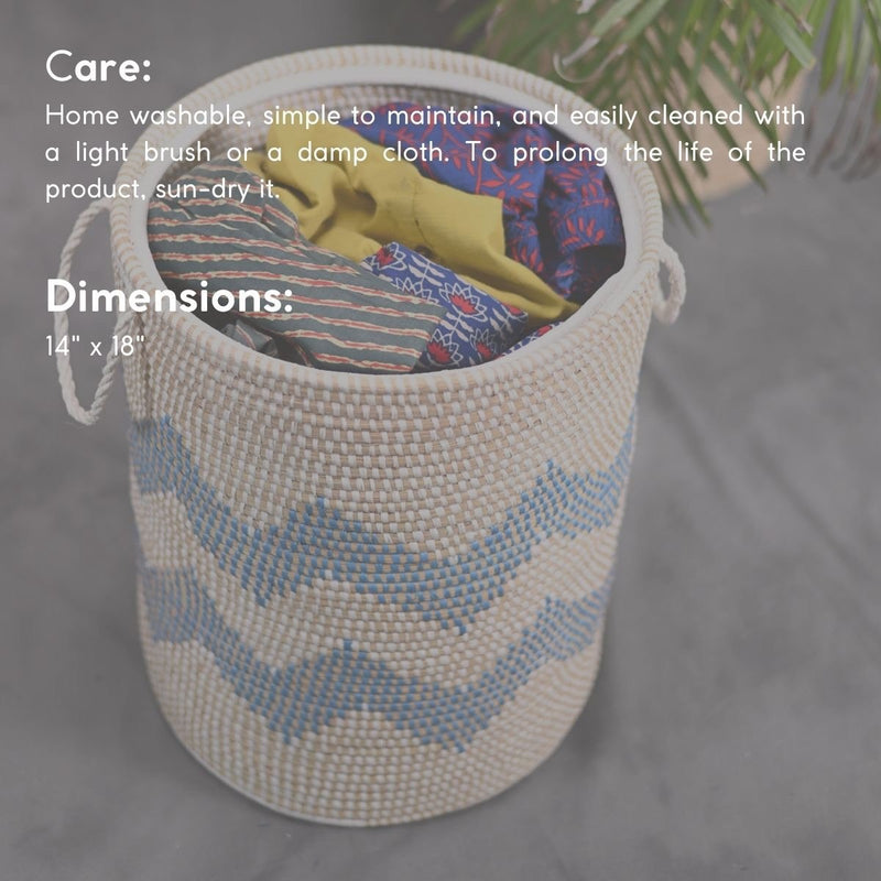 Handmade Moonj Grass Laundry Basket - Indigo-Wave | Verified Sustainable Baskets & Boxes on Brown Living™
