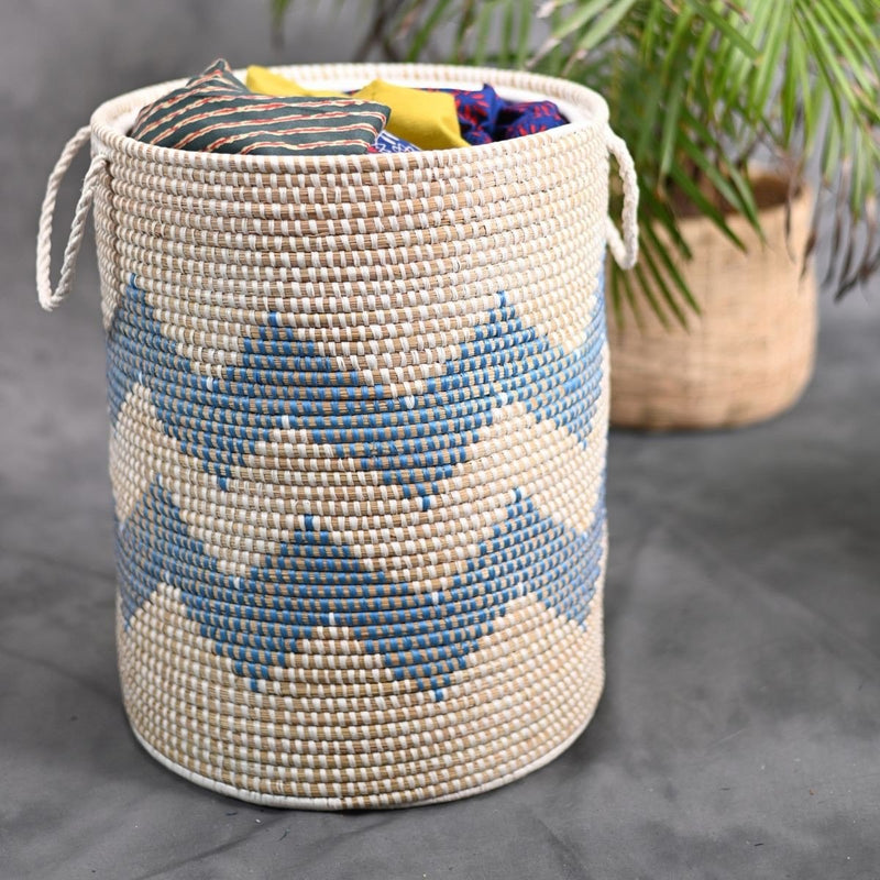 Handmade Moonj Grass Laundry Basket - Indigo-Wave | Verified Sustainable Baskets & Boxes on Brown Living™