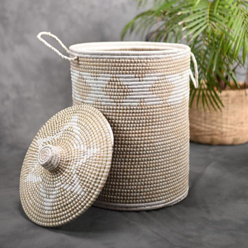 Handmade Moonj Grass Laundry Basket - White-Cross | Verified Sustainable Baskets & Boxes on Brown Living™
