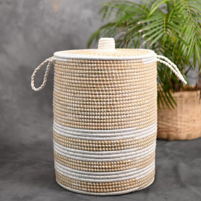 Handmade Moonj Grass Laundry Basket - White - Line | Verified Sustainable by Brown Living™