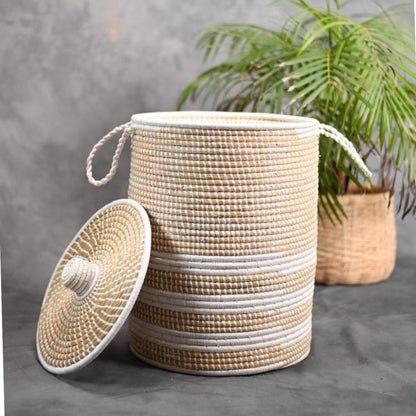 Handmade Moonj Grass Laundry Basket - White - Line | Verified Sustainable by Brown Living™