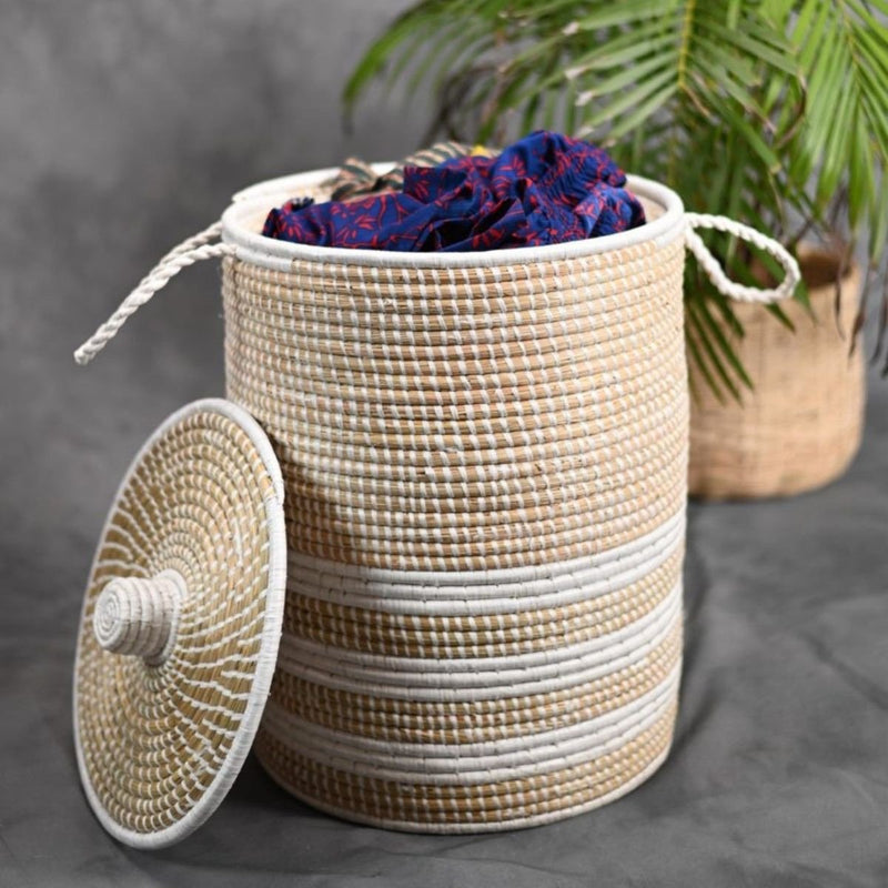 Handmade Moonj Grass Laundry Basket - White-Line | Verified Sustainable Baskets & Boxes on Brown Living™