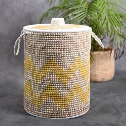 Handmade Moonj Grass Laundry Basket - Yellow - Wave | Verified Sustainable by Brown Living™