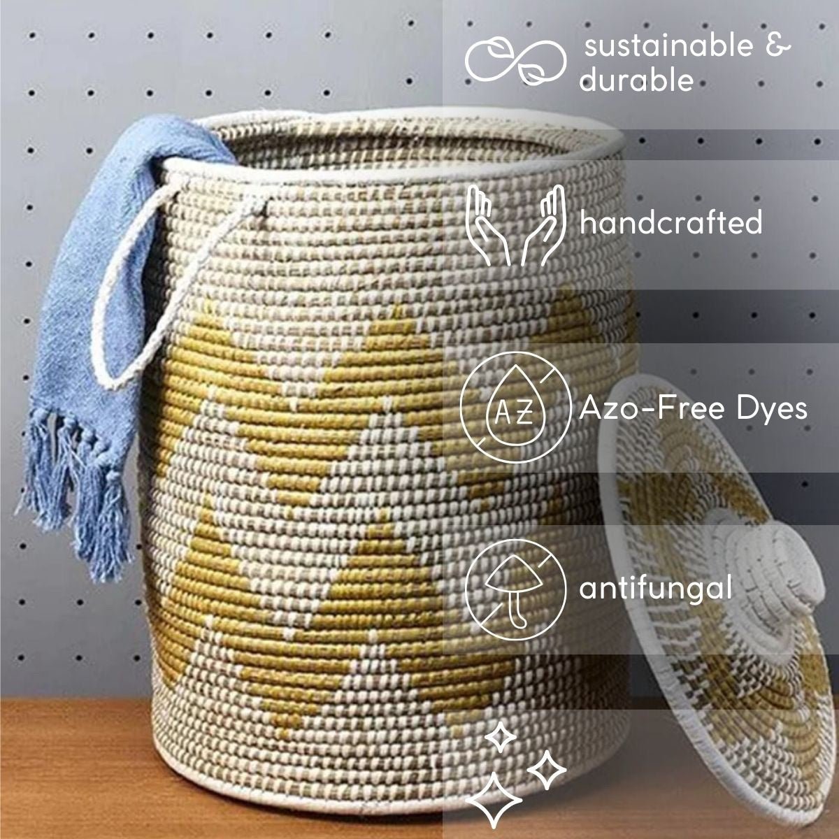 Handmade Moonj Grass Laundry Basket - Yellow - Wave | Verified Sustainable by Brown Living™