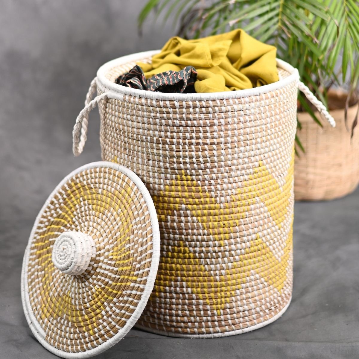 Handmade Moonj Grass Laundry Basket - Yellow - Wave | Verified Sustainable by Brown Living™