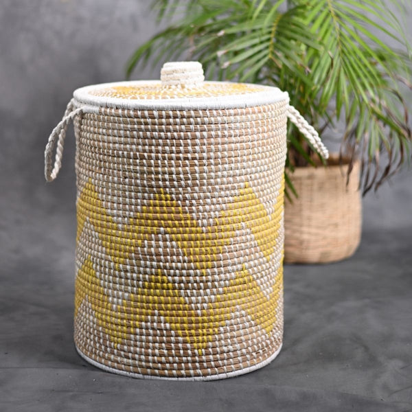 Handmade Moonj Grass Laundry Basket - Yellow-Wave | Verified Sustainable Baskets & Boxes on Brown Living™